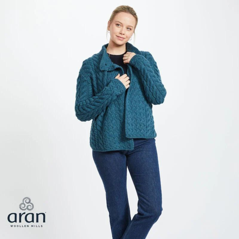 Ladies Luxury Merino Wool Trellis Multi Aran Cable Knit Cardigan  Teal